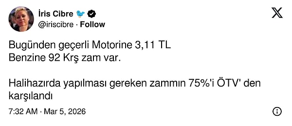 İris Cibre: "Zammın yüzde 75'i ÖTV'den karşılandı."
