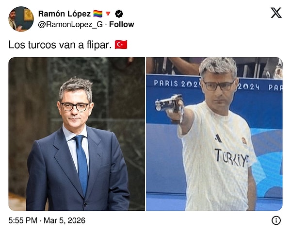 İspanyol bir kullanıcı, İspanya Adalet Bakanı Felix Bolaños ile milli gururumuz Yusuf Dikeç arasındaki benzerliğe dikkat çekti.