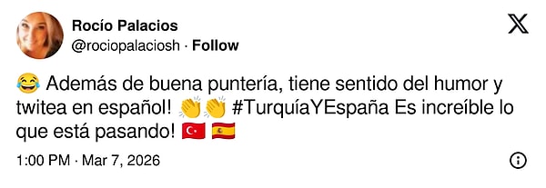 "Sadece iyi bir nişancı değil, aynı zamanda mizah anlayışı da var ve İspanyolca tweet atıyor! #TürkiyeVeİspanya Neler oluyor inanılmaz!"