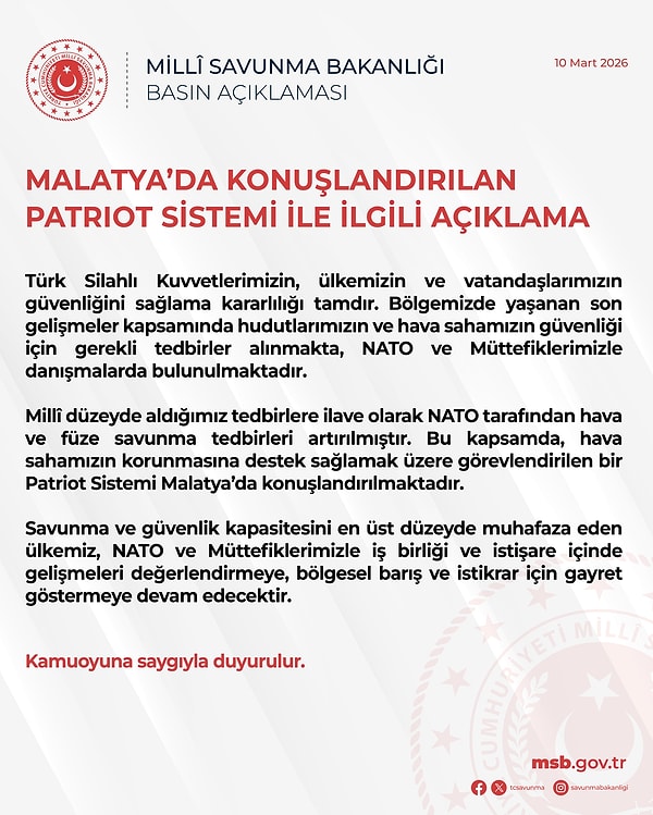 MSB, Malatya'da konuşlandırılan Patriot Sistemi ile ilgili yazılı açıklama yayımladı.