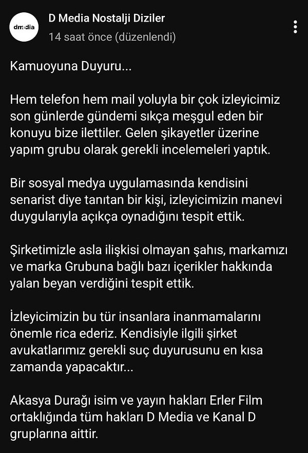 D Media, YouTube hesabı üzerinden konuya açıklık getirdi. 👇