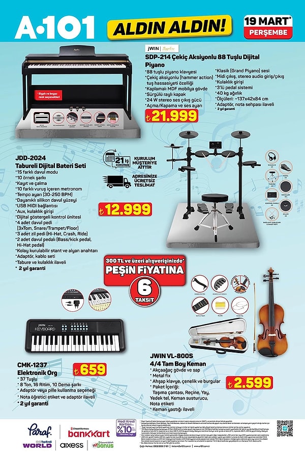 JWIN Çekiç Aksiyonlu 88 Tuşlu Dijital Piyano 21.999 TL