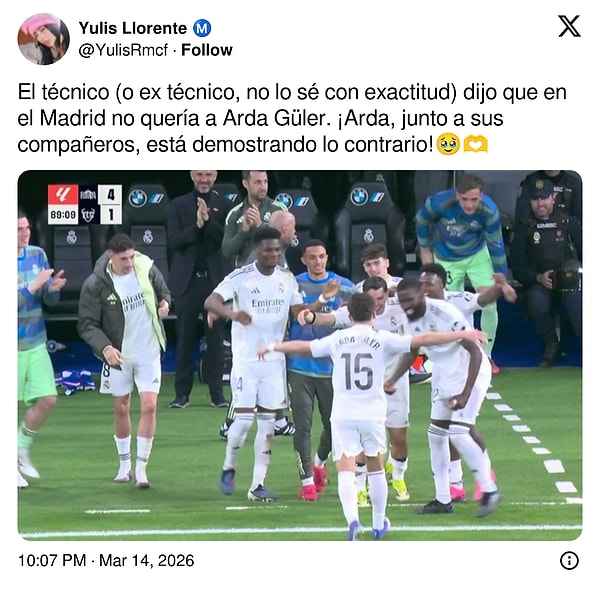 "Teknik direktör (ya da eski teknik direktör, emin değilim) Real Madrid'in Arda Güler'i istemediğini söyledi. Arda, takım arkadaşlarıyla birlikte bunun aksini kanıtlıyor! 🥹🫶"