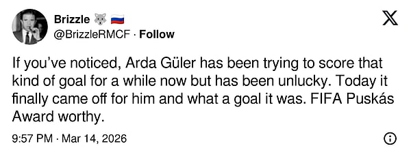 "Fark ettiyseniz, Arda Güler bir süredir bu tarz bir gol atmaya çalışıyordu ama şanssızdı. Bugün sonunda şansı yaver gitti ve ne gol ama! FIFA Puskás Ödülü'ne layık bir gol."