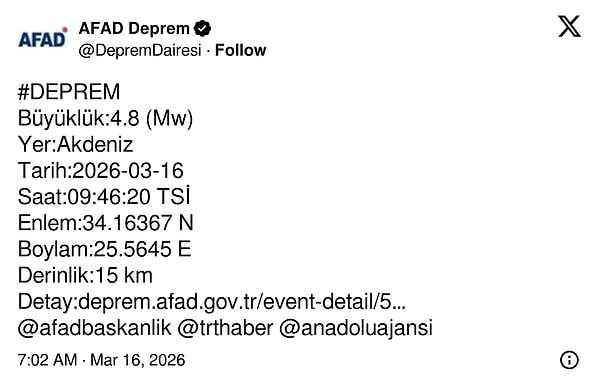 AFAD’ın Akdeniz’deki deprem paylaşımı 👇