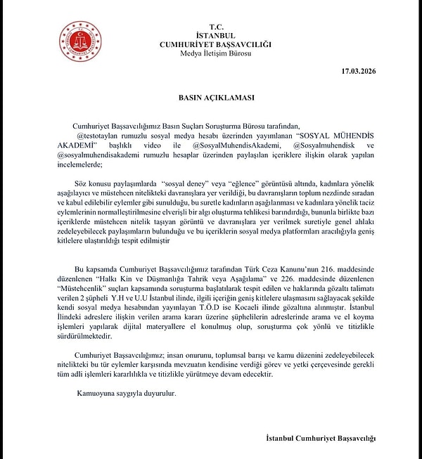 İstanbul Cumhuriyet Başsavcılığı'nın açıklaması: