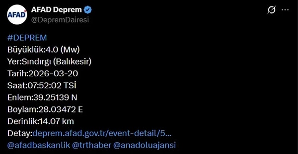 Balıkesir'in Sındırgı ilçesinde saat 07.52'de bir deprem meydana geldi.