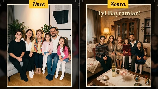 Uygulama, fotoğraflardaki yüz ifadelerini, ortamın duygusunu ve bayram atmosferini analiz ederek her kareye uygun tasarımlar sunuyor.