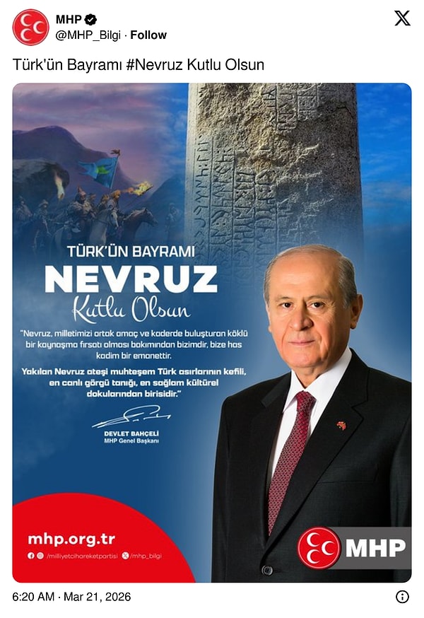 MHP Genel Başkanı Devlet Bahçeli'nin Nevruz paylaşımı 👇