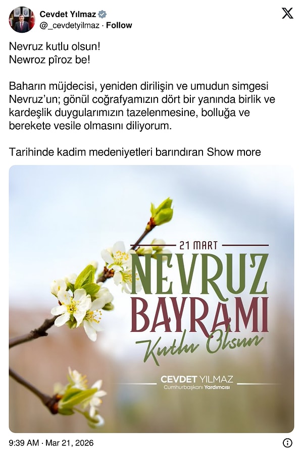 Cumhurbaşkanı Yardımcısı Cevdet Yılmaz'ın paylaşımı 👇