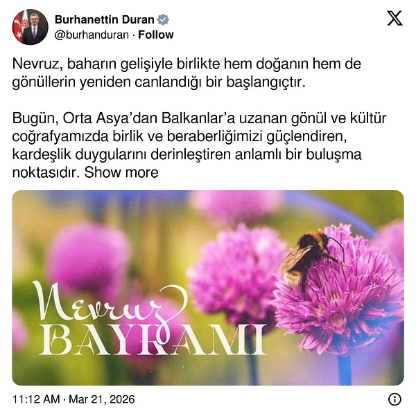 İletişim Başkanı Burhanettin Duran'ın Nevruz paylaşımı 👇