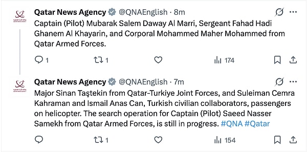 Katar İçişleri Bakanlığı, 21 Mart'ta denize düşen askeri helikopterdeki arama kurtarma çalışmalarına ilişkin güncel bilgileri paylaştı.