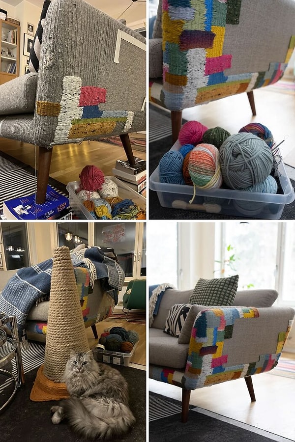 Kedinin parçaladığı koltuğu onardı, ortaya daha tarz bir görünüm çıktı