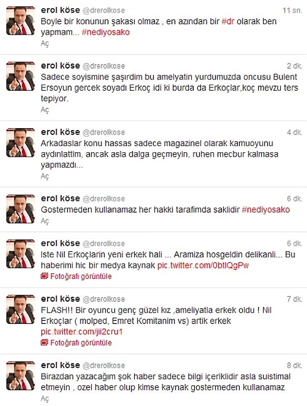 Ardından attığı tweetlerde Erol Köse, şu ifadeleri kullanmıştı: