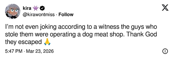 "Cidden şaka değil, bir görgü tanığına göre köpekleri çalan kişiler köpek eti dükkanı işletiyormuş. İyi ki kurtulmuşlar"
