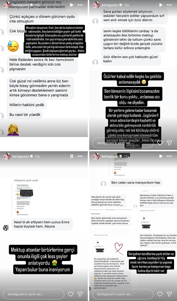 Kendisine gelen mesajları paylaşan Beria Gözen, "Cezaevinden birbirlerine mektup atsınlar" dedi.