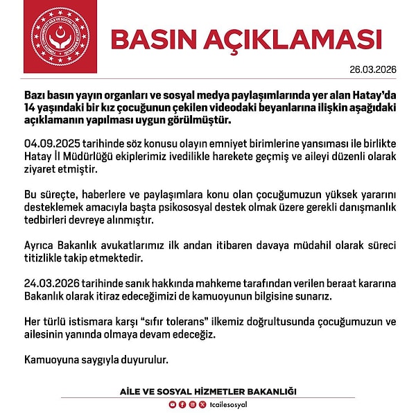 Aile ve Sosyal Hizmetler Bakanlığı’nın paylaşımı 👇