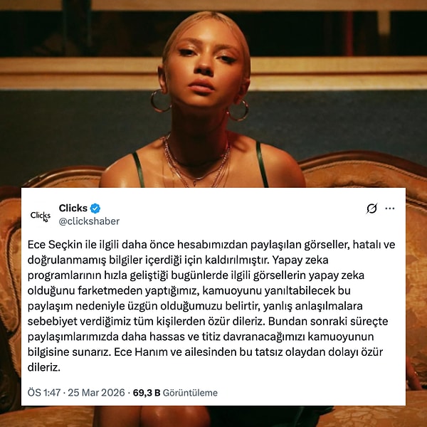 Gelen büyük tepkinin ardından Clicks Haber geri adım atarak paylaşımlarını kaldırdı ve Ece Seçkin ile ailesinden özür dilediğini belirten bir açıklama yayınladı.