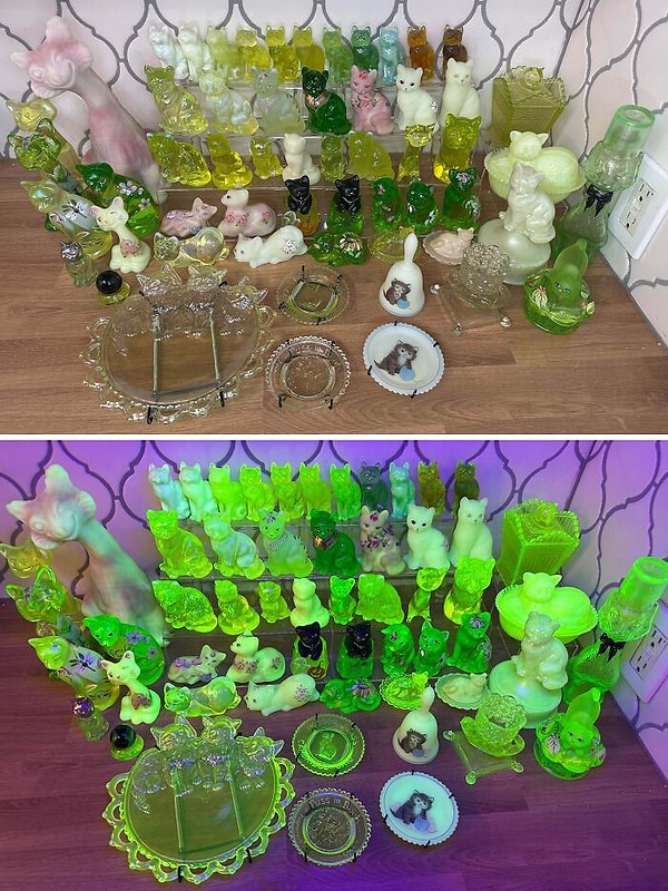 5. UV ışık altında parlayan cam ve seramik kedi figürlerinden oluşan koleksiyon.