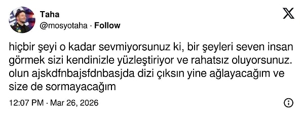 Fragmanı izlerken ağlaması sosyal medya kullanıcıları tarafından garipsenince Mösyö Taha X platformu üzerinden aşağıdaki yanıtı verdi.