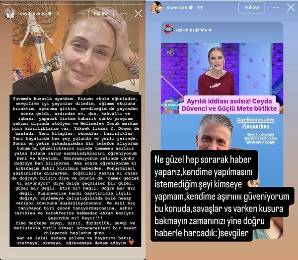 Ayrılık söylentilerinin ardından Ceyda Düvenci, sosyal medya hesabından yaptığı uzun paylaşımla dikkat çekti.