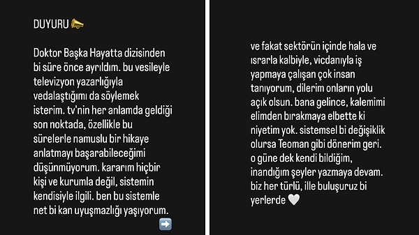 NOW'da yayınlanan Doktor: Başka Hayatta'nın senaristi Pınar Bulut, dizi kadrosundan ayrıldığını duyurdu.