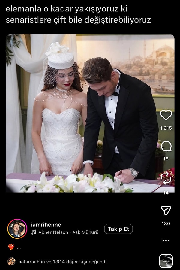 Bahar Şahin, finalde başrol karakterler olan Rosa ve Ali'nin değil, kendi karakteri ile başrolün evlenmesine dair bir paylaşımı beğendi.