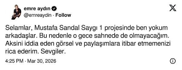 Mustafa Sandal için düzenlenen Saygı1 konserinde afişte de görüldüğü üzere sahne alacak isimler arasında Emre Aydın da yer alıyordu.