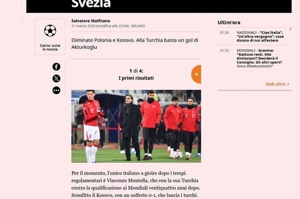 La Gazzetta dello Sport; Türkiye'ye Kerem Aktürkoğlu'nun tek golü yetti. Bu akşam sevinen tek İtalyan, Türkiye'yi Dünya Kupası'na götüren Montella oldu.