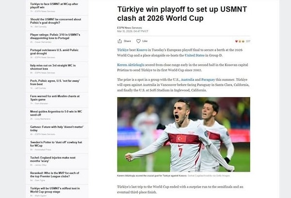 ESPN; Türkiye play-off finalinde kazandı ve Dünya Kupası'nda ABD'nin rakibi oldu.