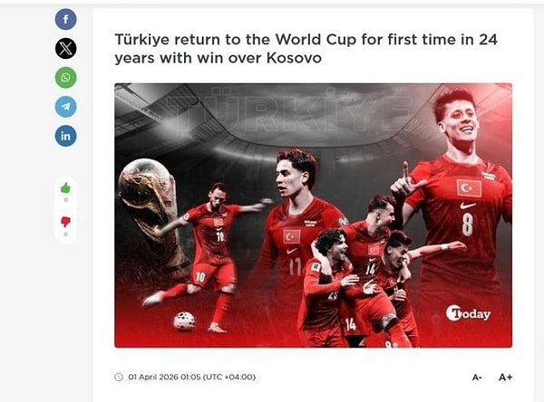 APA; Türkiye, 24 yıl aradan sonra Dünya Kupası'na geri döndü.