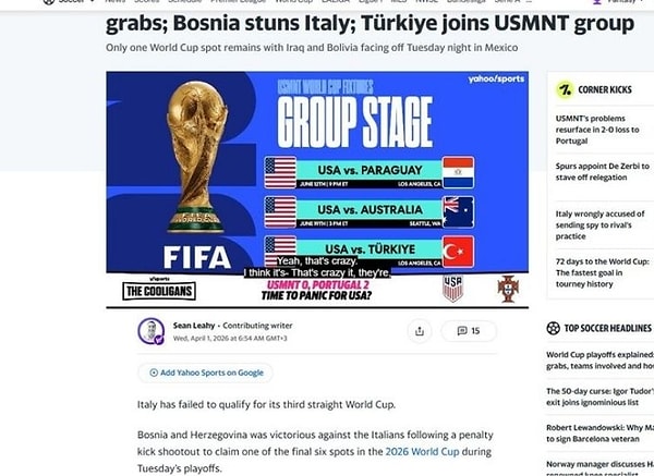 Yahoo Sports; Türkiye, Dünya Kupası'nda ABD'nin grubuna katıldı.