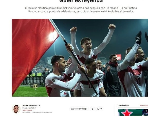 AS; Güler bir efsane: Türkiye, Priştine'de oynanan maçta 1-0'lık galibiyetle 24 yıl sonra Dünya Kupası'na katılmaya hak kazandı.