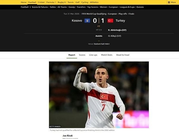 BBC Sports; Kerem Aktürkoğlu'nun golüyle Kosova'yı zor da olsa yenen Türkiye, 24 yıl sonra Dünya Kupası'nda