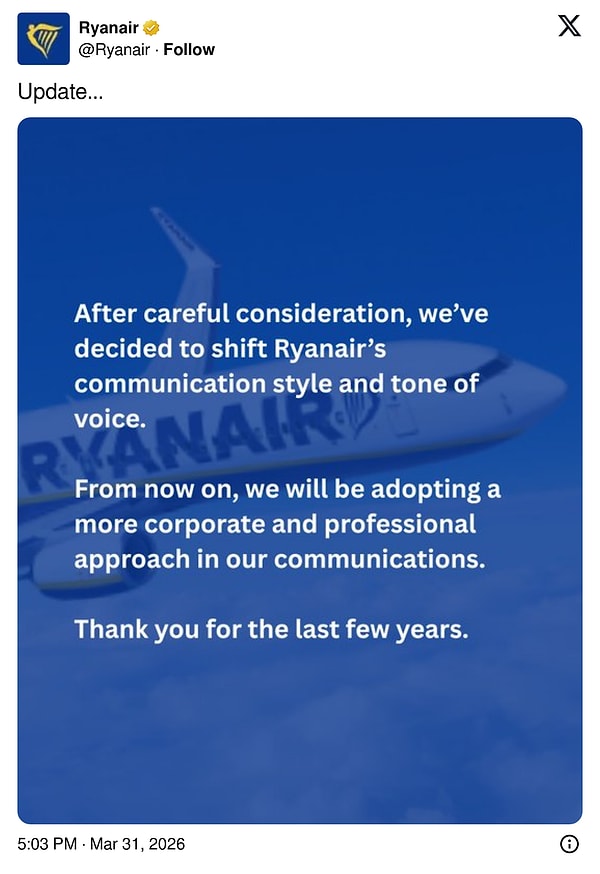 Sosyal medyada eğlenceli ve muzip paylaşımlarıyla tanınan Ryanair, yaptığı paylaşımla şaşırttı.