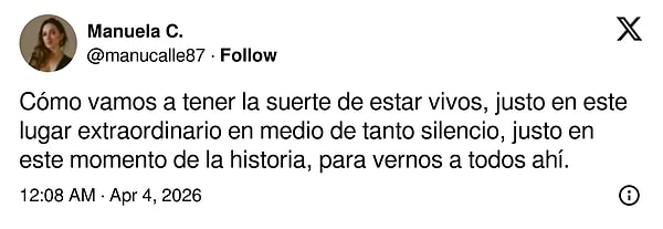 "Böylesine olağanüstü bir yerde, bunca sessizliğin ortasında, tarihin bu anında, hepimizin orada bulunması ve birbirimizi görebilme şansına sahip olduğumuz için ne kadar şanslıyız."