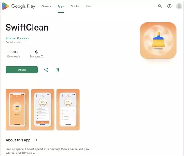 Yapılan incelemelerde, zararlı yazılımı taşıyan uygulamalar arasında en yüksek indirme sayısına sahip olanın "SwiftClean" isimli temizlik uygulaması olduğu belirlendi.