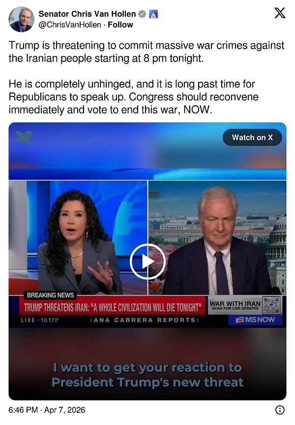 ABD Senatörü Chris Van Hollen’in paylaşımı 👇