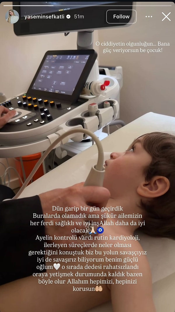 İdo Tatlıses’in eşi Yasemin Tatlıses, sosyal medya hesabından yaptığı paylaşımda aynı gün oğulları Ayel’in rutin kardiyoloji kontrolü için hastanede olduklarını açıkladı.