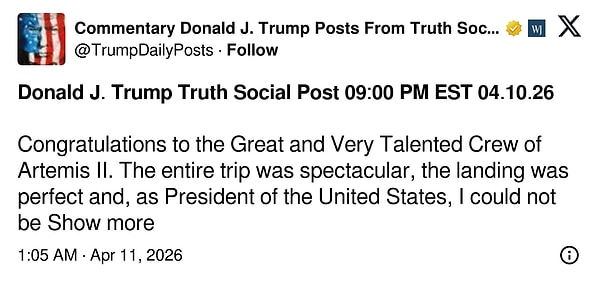 ABD Başkanı Trump, Artemi II için bir tweet paylaştı: