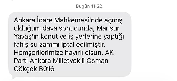 Osman Gökçek iptal kararını SMS yoluyla da duyurdu.