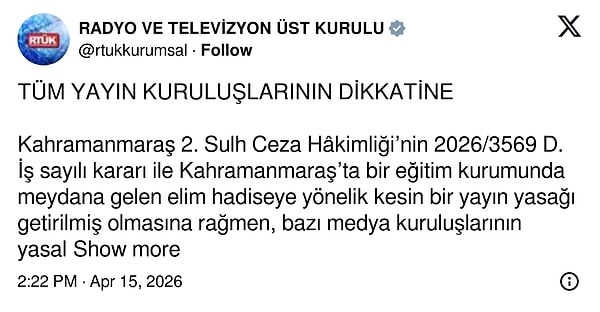 "Tüm yayıncıların yasal kararlara ve yayın ilkelerine derhâl tam uyum sağlaması önemle ihtar olunur."