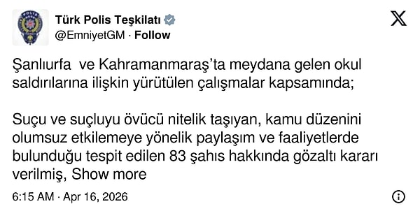 "83 kişi hakkında gözaltı kararı. 93 Telegram grubu kapatıldı. 940 sosyal medya hesabına erişim engeli getirildi."