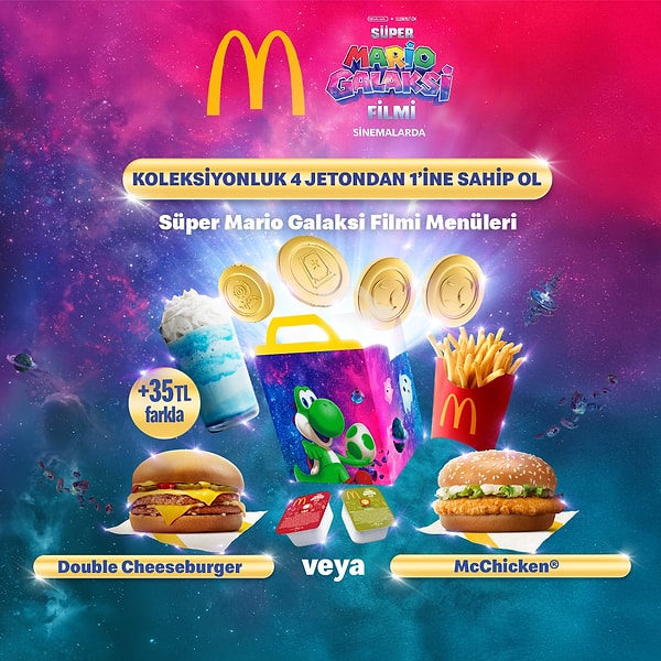 Süper Mario Galaksi Filmi Yetişkin Menüleri arasında ise Double Cheeseburger Menü ve McChicken® Menü alternatifleri bulunuyor.