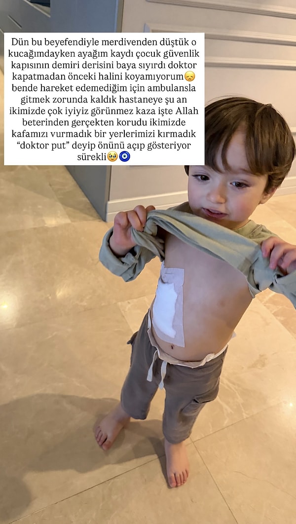 Yasemin Tatlıses, sosyal medya hesabından yaptığı paylaşımda oğlu Ayel kucağındayken evinin merdivenlerinden kayarak düştüğünü açıkladı.