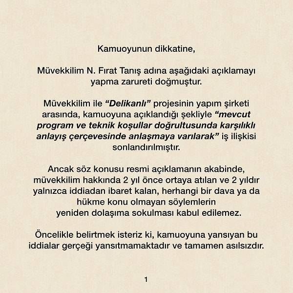 Diziden çıkarılış nedeni için Fırat Tanış hakkında 2 yıl önce eski kız arkadaşı İklim Tamkan‘ın açıkladığı “psikolojik şiddet” iddiasının olduğunun açıklanmasının ardından avukatı açıklama yayınladı.