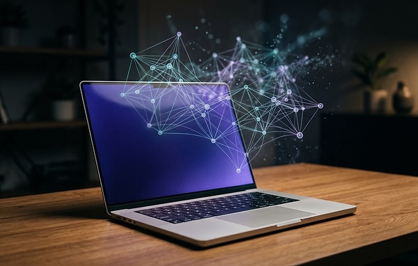 Gemma 4 yapay zeka modelinin Mac üzerinde yerel çalıştırılmasını temsil eden görsel: dizüstü bilgisayar ekranından yükselen sinir ağı görselleştirmesi