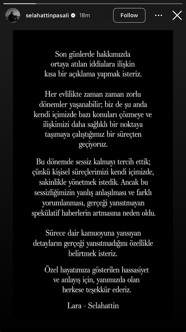 At long last, a joint statement has been issued by Selahattin and Lara Paşalı.