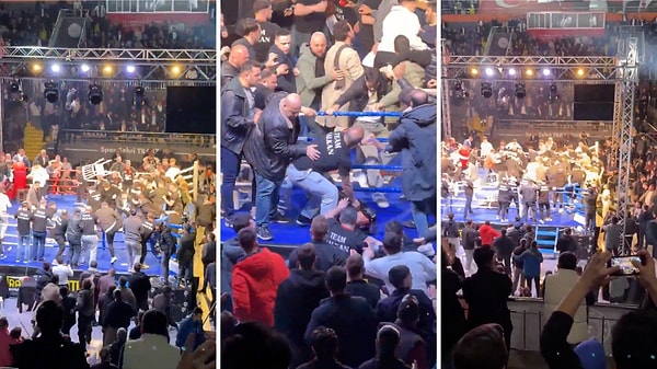 Olaylı boks maçında seyirciler ringe çıktı.