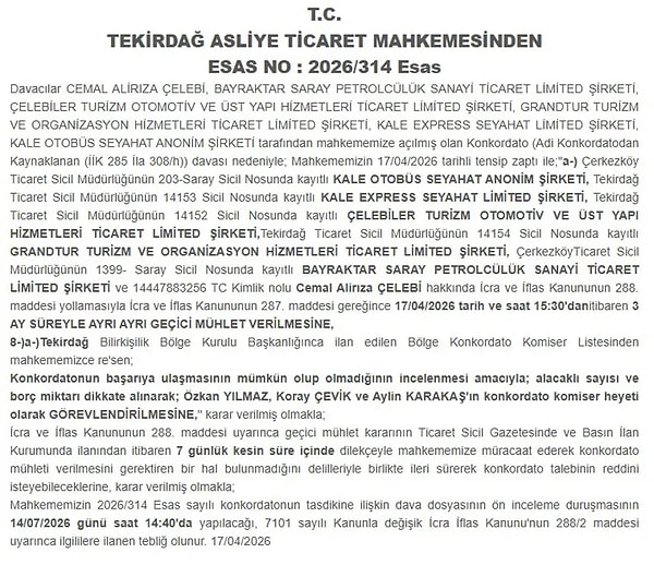 Mahkeme, sürecin şeffaf ve profesyonel bir şekilde yönetilmesi amacıyla sektör tecrübesi olan üç kişilik bir uzman heyetini görevlendirdi.